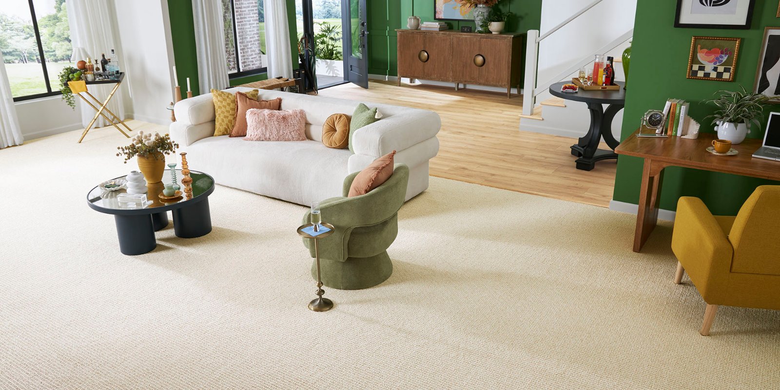 Karastan carpet in a bright open concept living room